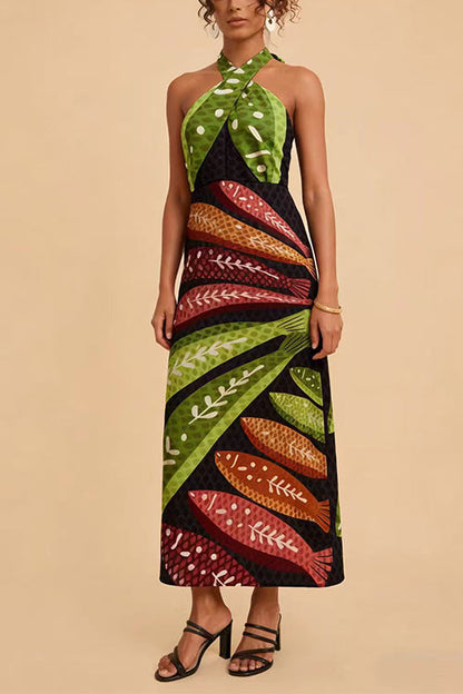 Halter Neck Backless Fish Print Maxi Dress