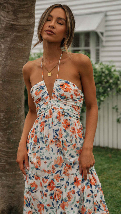 Halter Neck Plunging V Neck Ruched Tiered Floral Print Maxi Dress