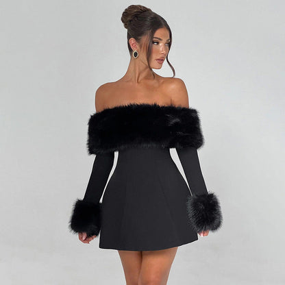 Off Shoulder Faux Fur Trim Long Sleeve A-Line Mini Dress