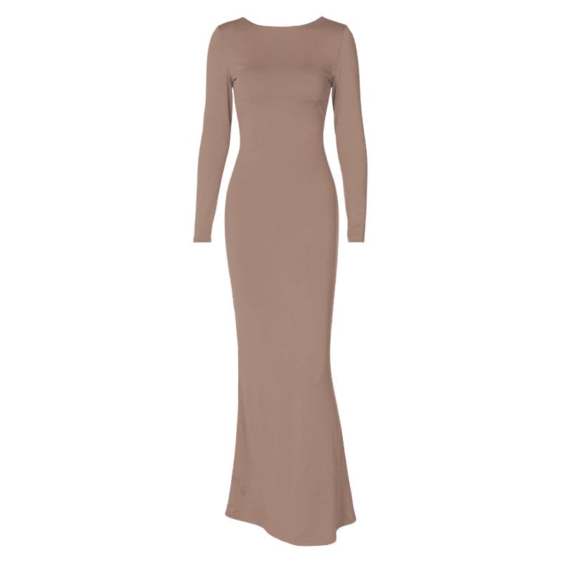 Crew Neck Long Sleeve Lace-Up Back Bodycon Mermaid Hem Maxi Dress