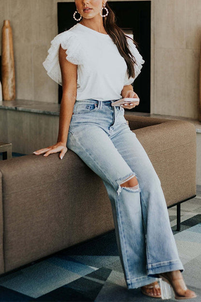 Round Neck Polka Dot Ruffle Short Sleeves Top