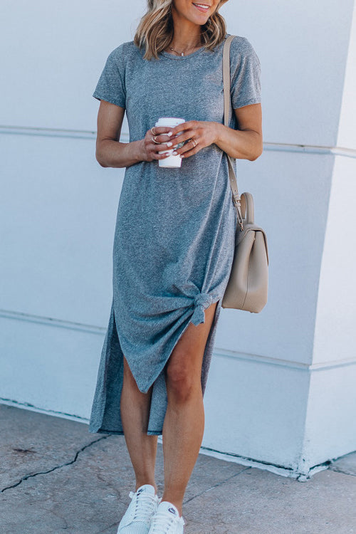 Crew Neck Short Sleeve Side Tie Knot T-Shirt Midi Dress