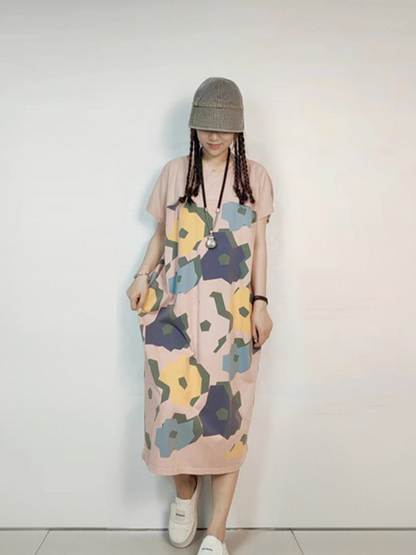 Crew Neck Short Sleeve Abstract Floral Loose Midi Dress