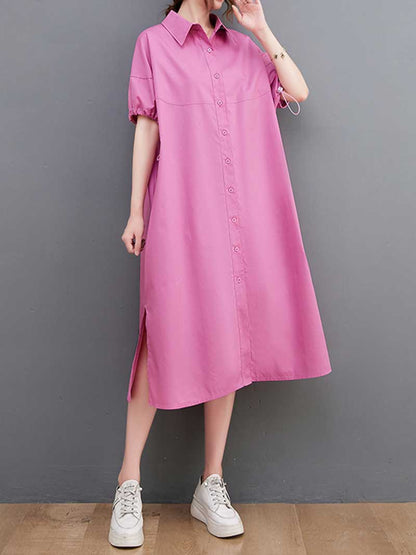 Pointed Collar Button Front Belted Cotton Shirt Midi Dress