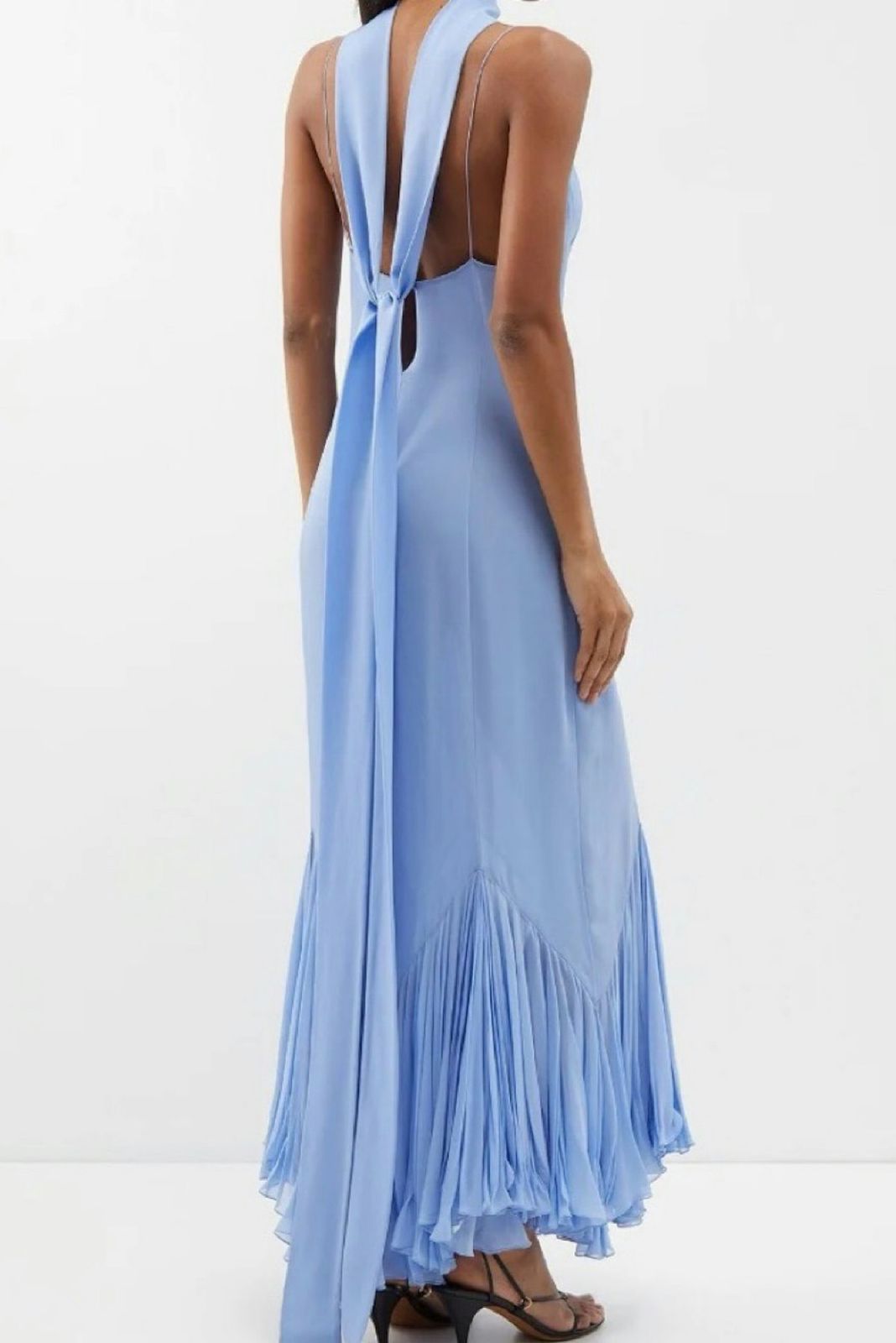 Spaghetti Strap Deep V-Neck Chevron Waist Pleated Scarf Neck Midi Dress