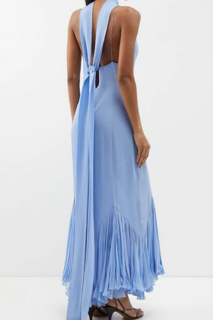 Spaghetti Strap Deep V-Neck Chevron Waist Pleated Scarf Neck Midi Dress