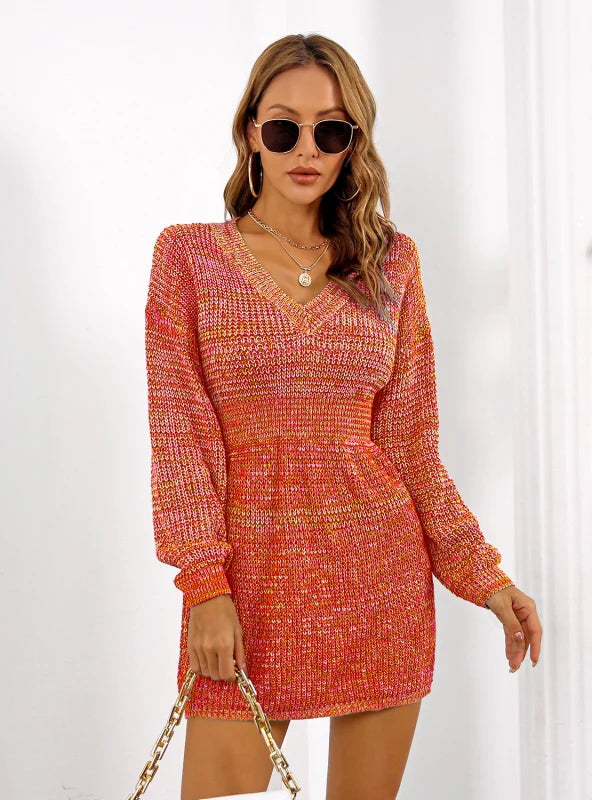 Colorful V-Neck Lantern Sleeve Sweater Dress