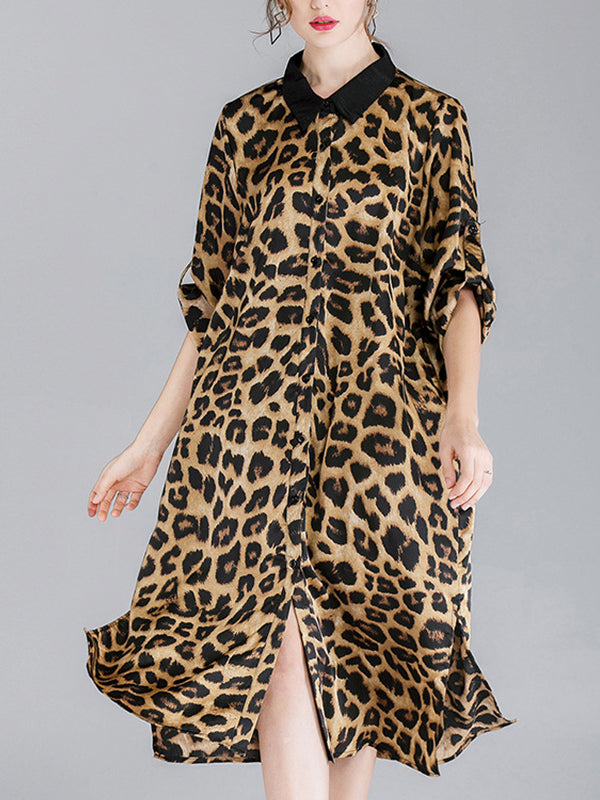 Contrasting Lapel Spotted Print Button Front High Slit Midi Shirt Dress