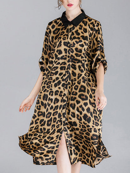 Contrasting Lapel Spotted Print Button Front High Slit Midi Shirt Dress