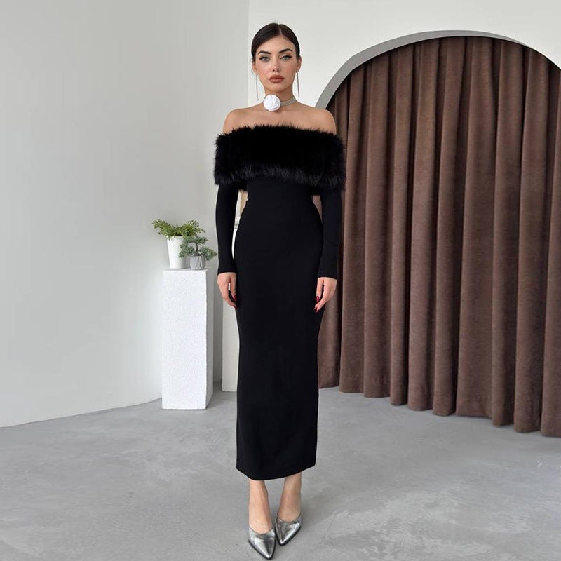 Off Shoulder Faux Fur Trim Long Sleeve Bodycon Maxi Dress