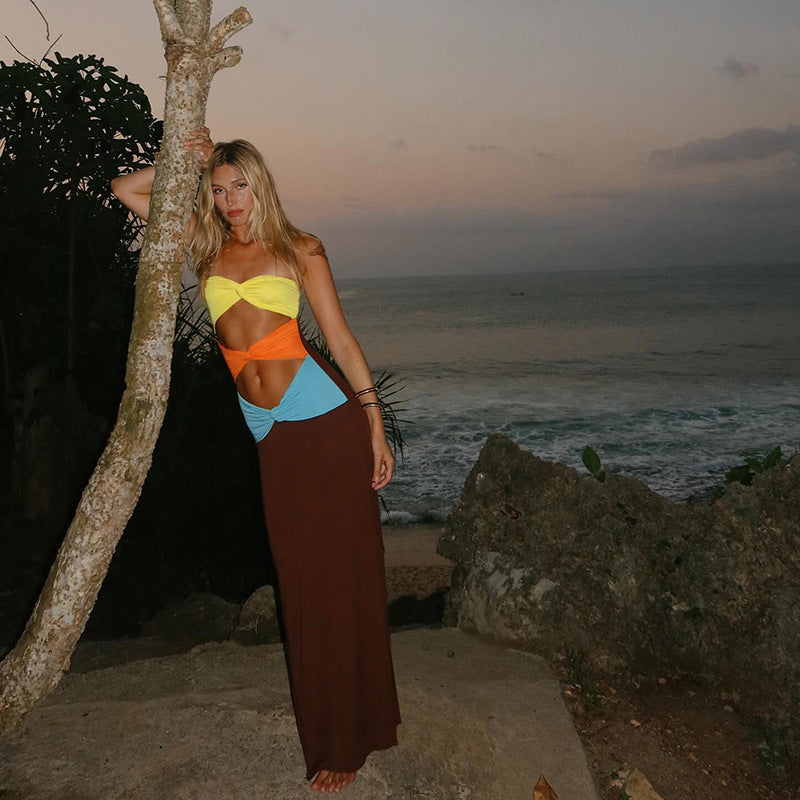 Strapless Twisted Knot Tiered Cutout Bandage Column Maxi Gown