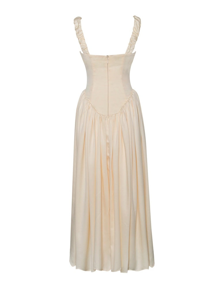 Square Neck Ruffle Strap Ruched Bust Basque Waist Pocket Midi Dress