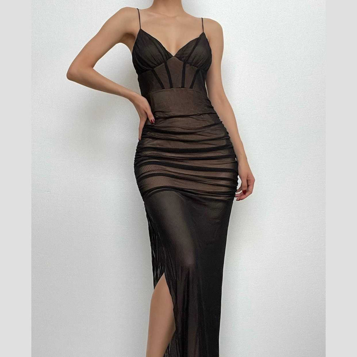 Sweetheart Spaghetti Strap Mesh Overlay Ruched Corset High Slit Maxi Dress