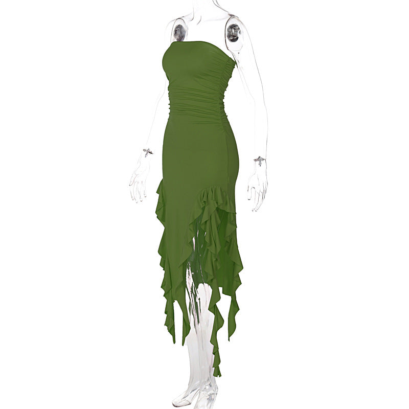 Strapless Ruched Double Slit Ruffle Trim Knee Length Midi Dress