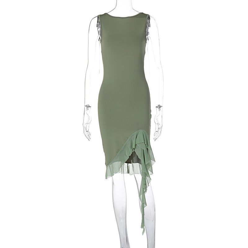 Crew Neck Sleeveless Horizontal Ruched Mesh Asymmetric Ruffle Midi Dress
