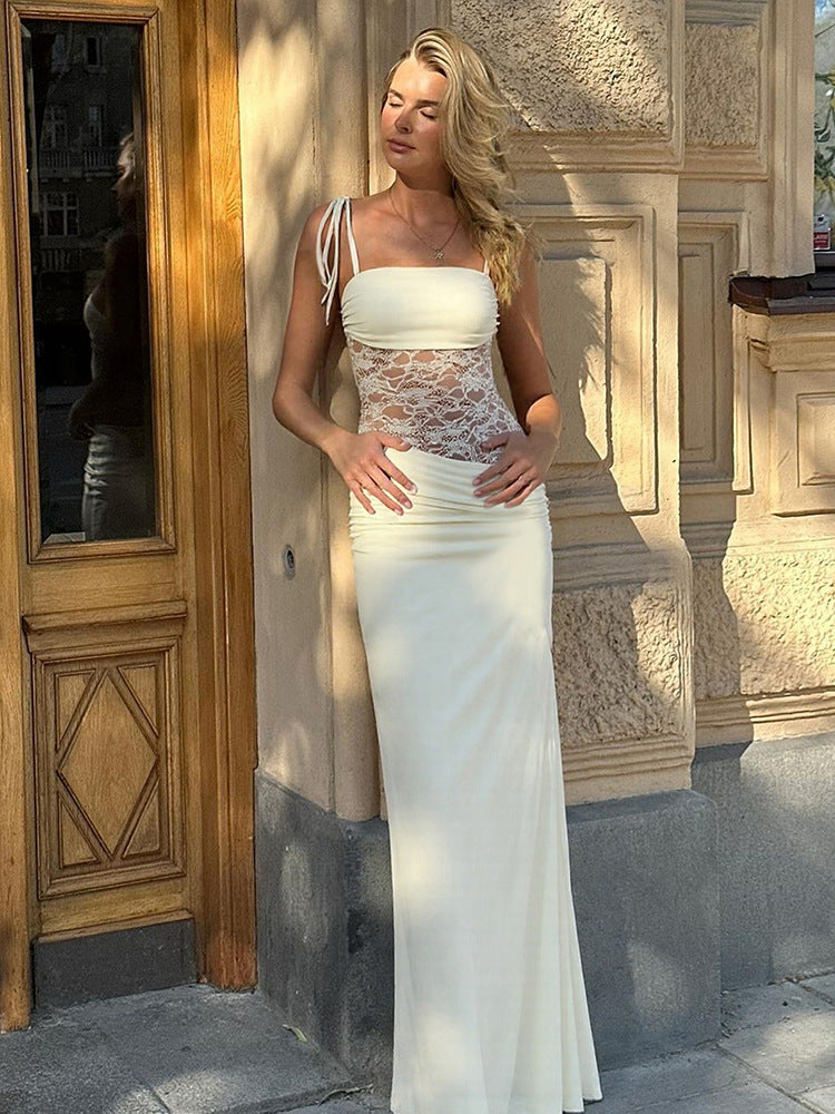 Spaghetti Strap Tie Shoulder Lace Waist Panel Column Maxi Dress