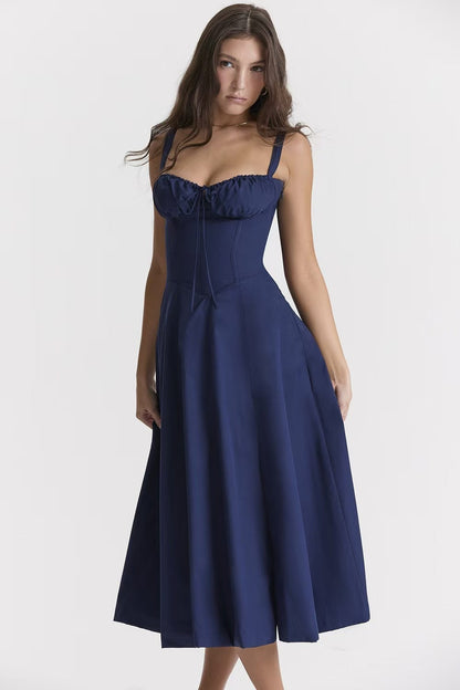 Tie Front Ruched Bustier Corset Bodice A Line Midi Dress