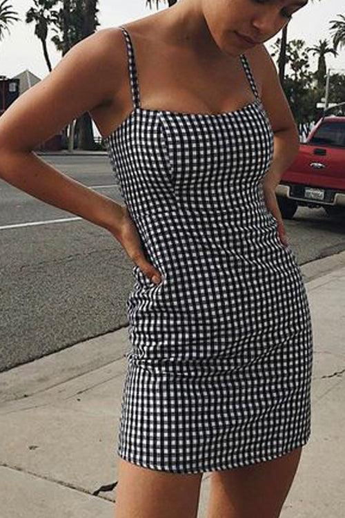 Square Neck Spaghetti Strap Check Print Bodycon Mini Dress