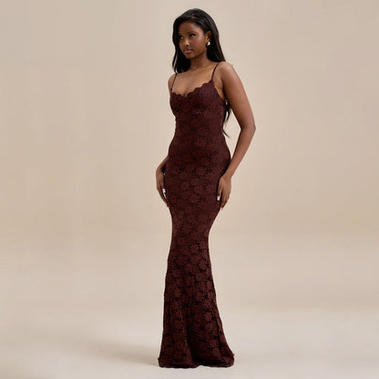 Sweetheart Neck Scalloped Lace Spaghetti Strap Mermaid Maxi Gown