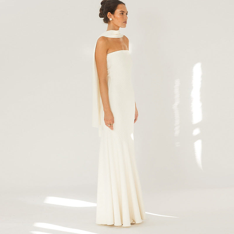Strapless Straight Bandeau Trumpet Hem Matching Neck Scarf Maxi Gown