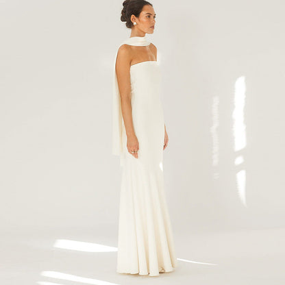 Strapless Straight Bandeau Trumpet Hem Matching Neck Scarf Maxi Gown