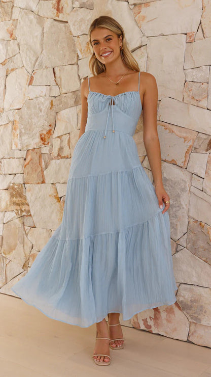 Spaghetti Strap Ruched Keyhole Empire Waist Tiered Crinkled Maxi Dress