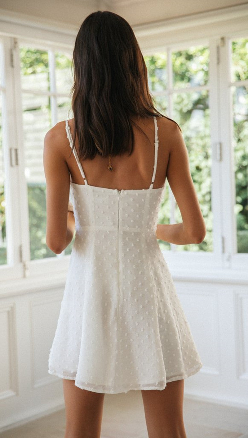 Sweetheart Spaghetti Strap Swiss Dot Ruched Bustier Flared A-Line Mini Dress