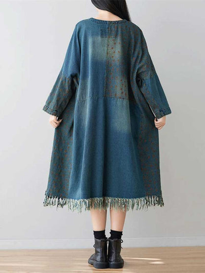 Square Neck Denim Patchwork Pocket Midi Dress