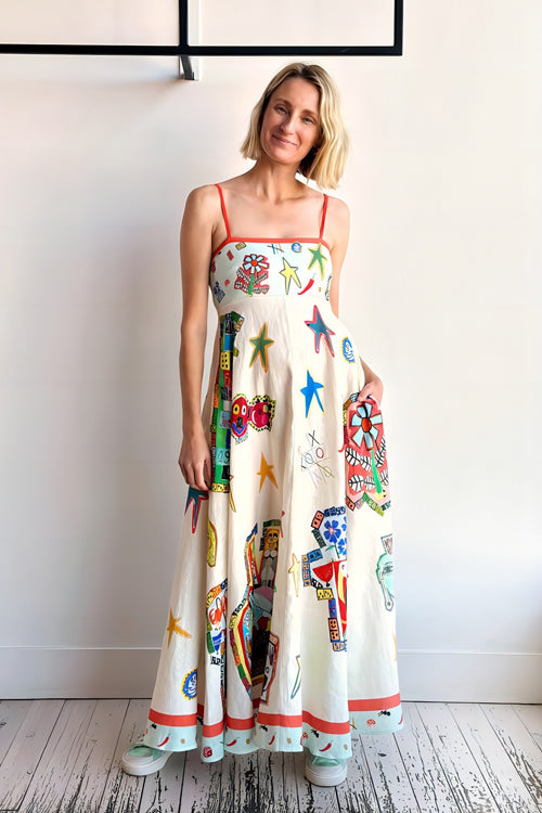 Spaghetti Strap Square Neck Illustrative Print Empire Waist Midi Dress