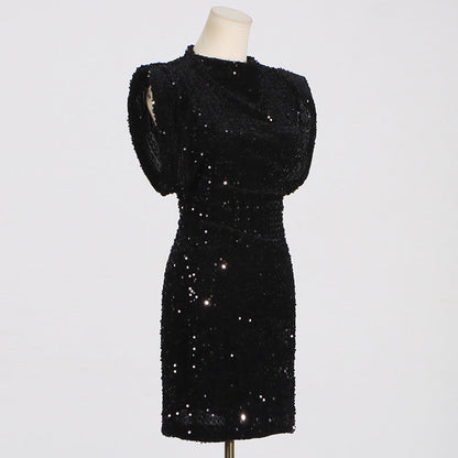 Structured Shoulder Crew Neck Sequin Mini Dress