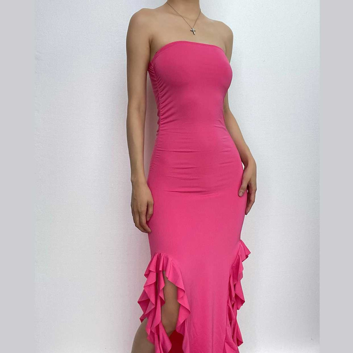 Strapless Ruched Double Slit Ruffle Hem Midi Dress