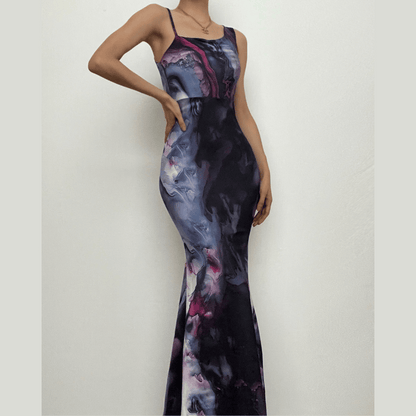 Square Neck Spaghetti Strap Abstract Marble Print Mermaid Maxi Dress