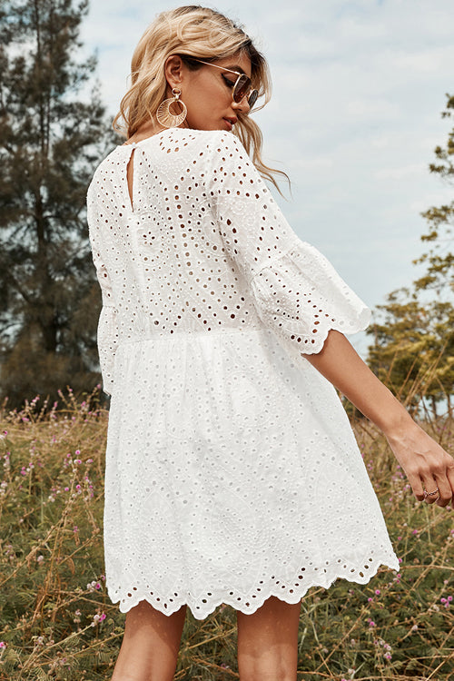 Square Neck Crochet Lace Panel Button Front Mini Dress