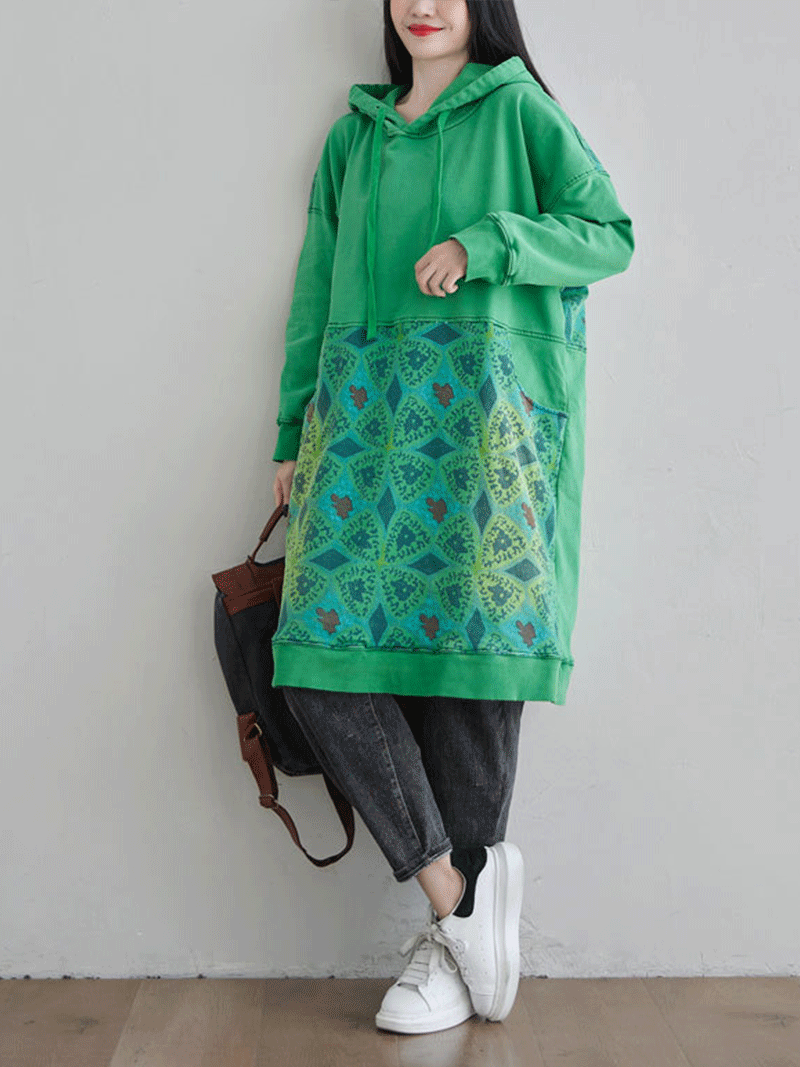 Hooded Kangaroo Pocket Geometric Print Oversized Mini Sweatshirt Dress
