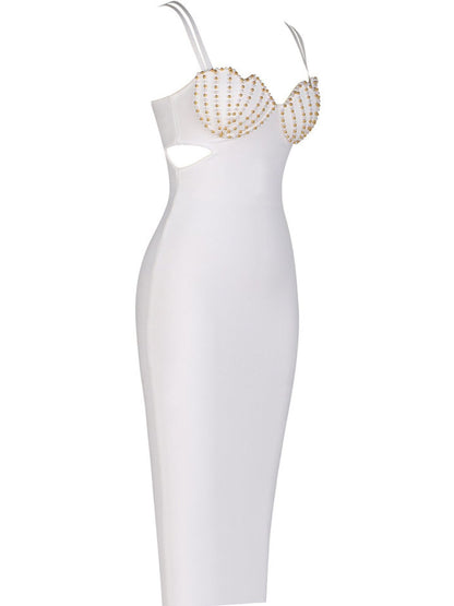 Double Strap Shell Pearl Embellished Cup Side Cutout Bandage Midi Dress