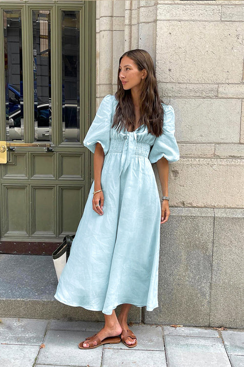 Tie-Front V-Neck Puff Sleeve Smocked Waist Linen Pocket Midi Dress