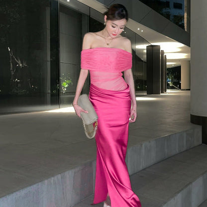 Off Shoulder Horizontal Ruched Mesh Waist Panel High Slit Satin Maxi Gown