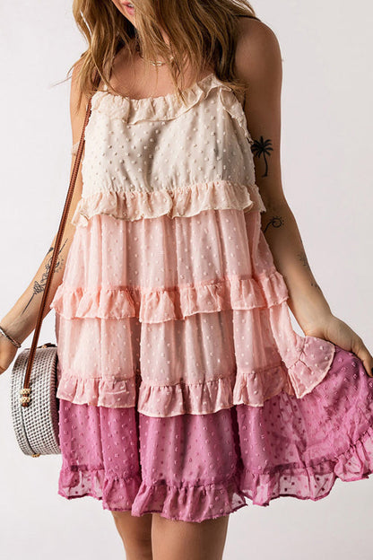 Spaghetti Strap Swiss Dot Tiered Ruffle Mini Dress