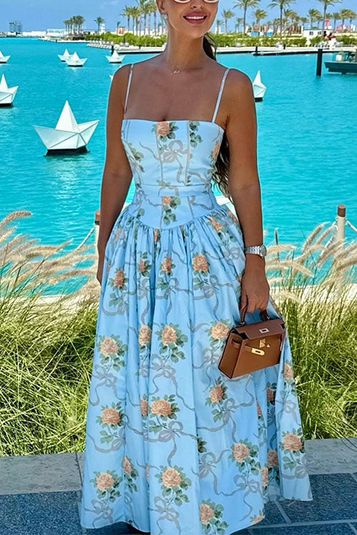 Spaghetti Strap Waisted Floral Print A-line Maxi Dress