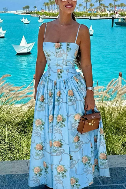 Spaghetti Strap Waisted Floral Print A-line Maxi Dress
