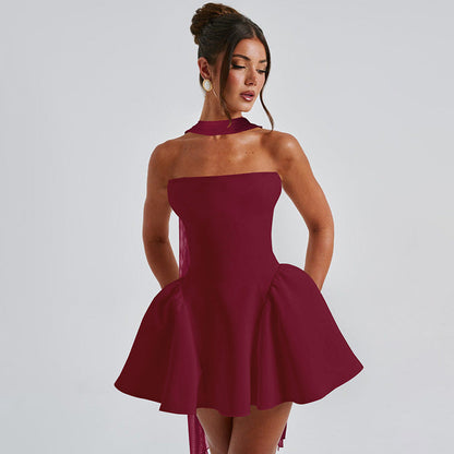 Strapless Choker Neck Structured Flare Hem Mini Dress