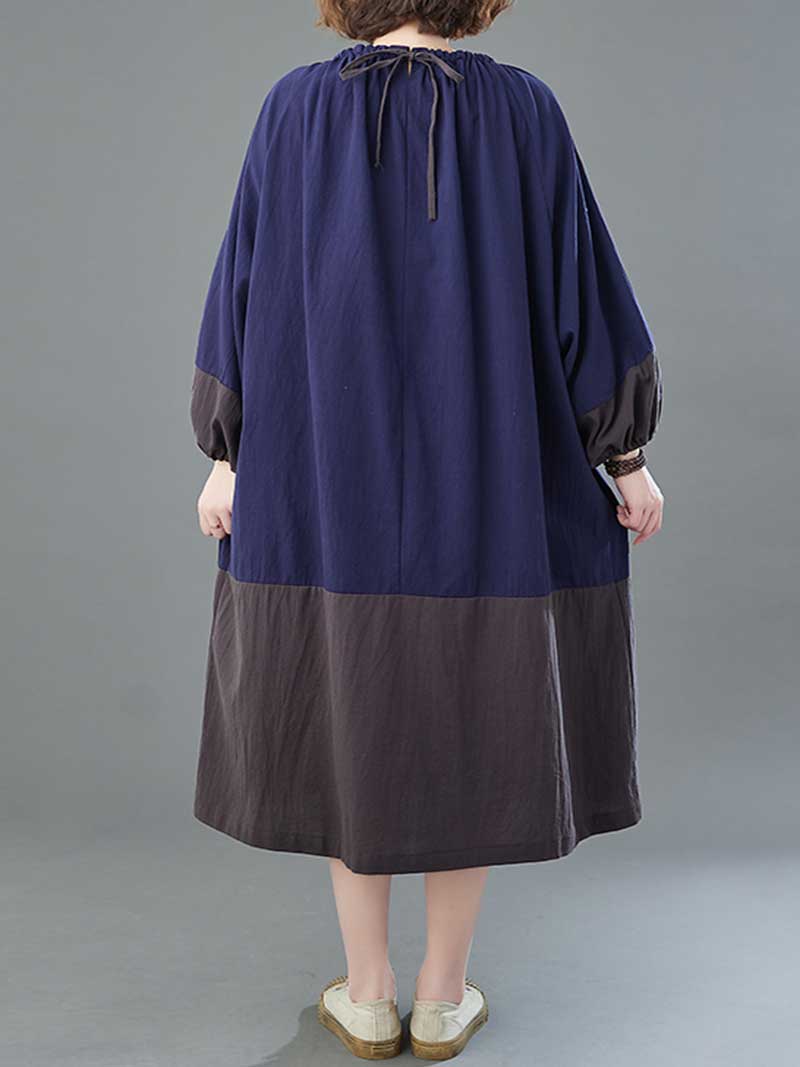 Gathered Neck Colorblock Lantern Sleeve Midi Dress