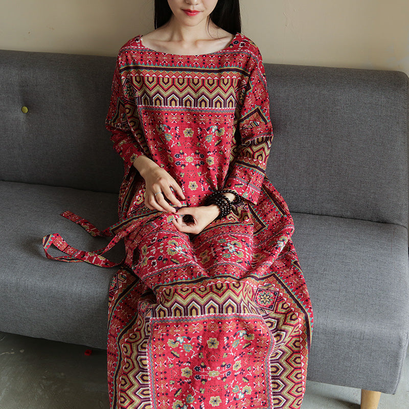 Boat Neck Three Quarter Sleeve Ethnic Geometric Print Tie Waist Maxi Dress