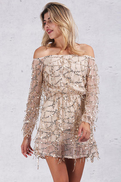 Off Shoulder Sequin Tassel Fringe Mini Dress