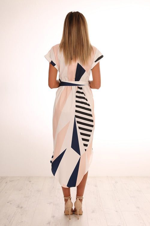 V Neck Geometric Print Tie Waist Asymmetrical Hem Midi Dress