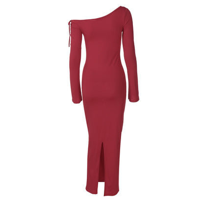 One Shoulder Lace Up Sleeve Bodycon Split Maxi Dress