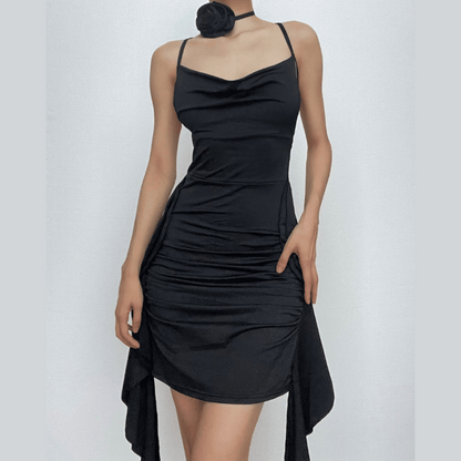 Cowl Neck Spaghetti Strap Ruched Side Drape Flower Choker Mini Dress
