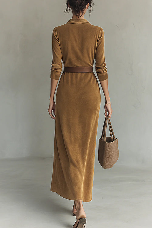 Long Sleeves Button Up Faux Suede Belted Maxi Dress