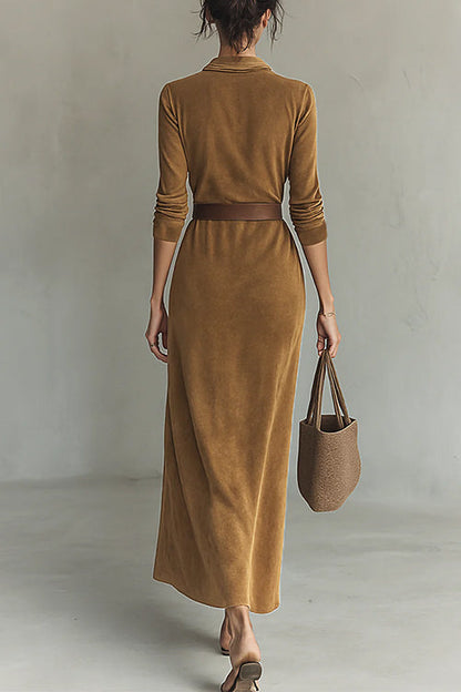 Long Sleeves Button Up Faux Suede Belted Maxi Dress