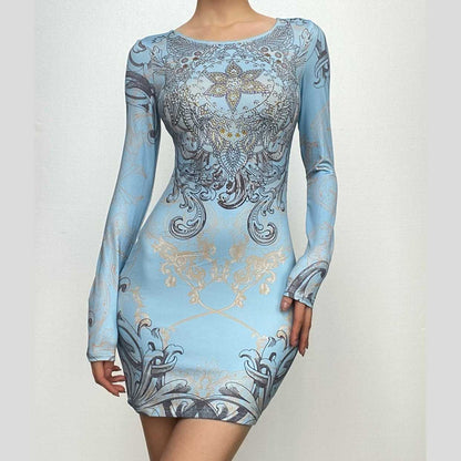 Crew Neck Long Sleeve Mandala Rhinestone Graphic Bodycon Mini Dress